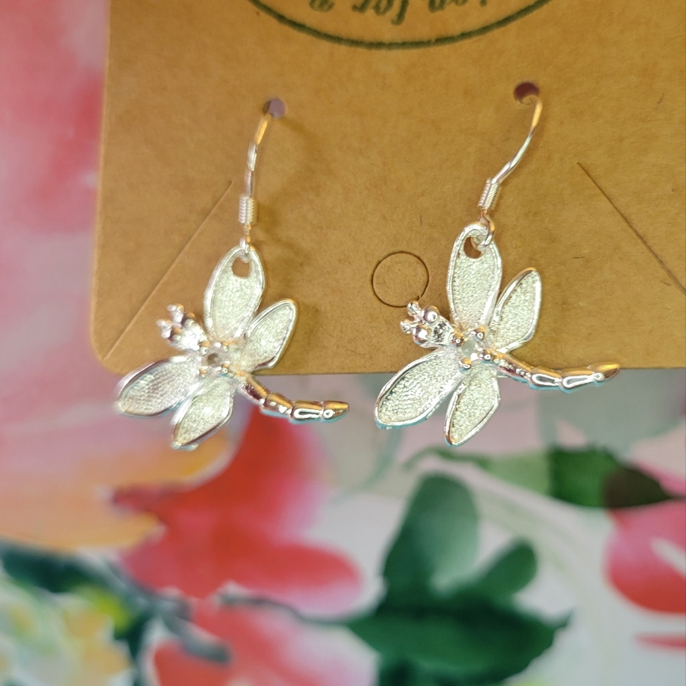 Silver dragonfly earrings with rhinestone